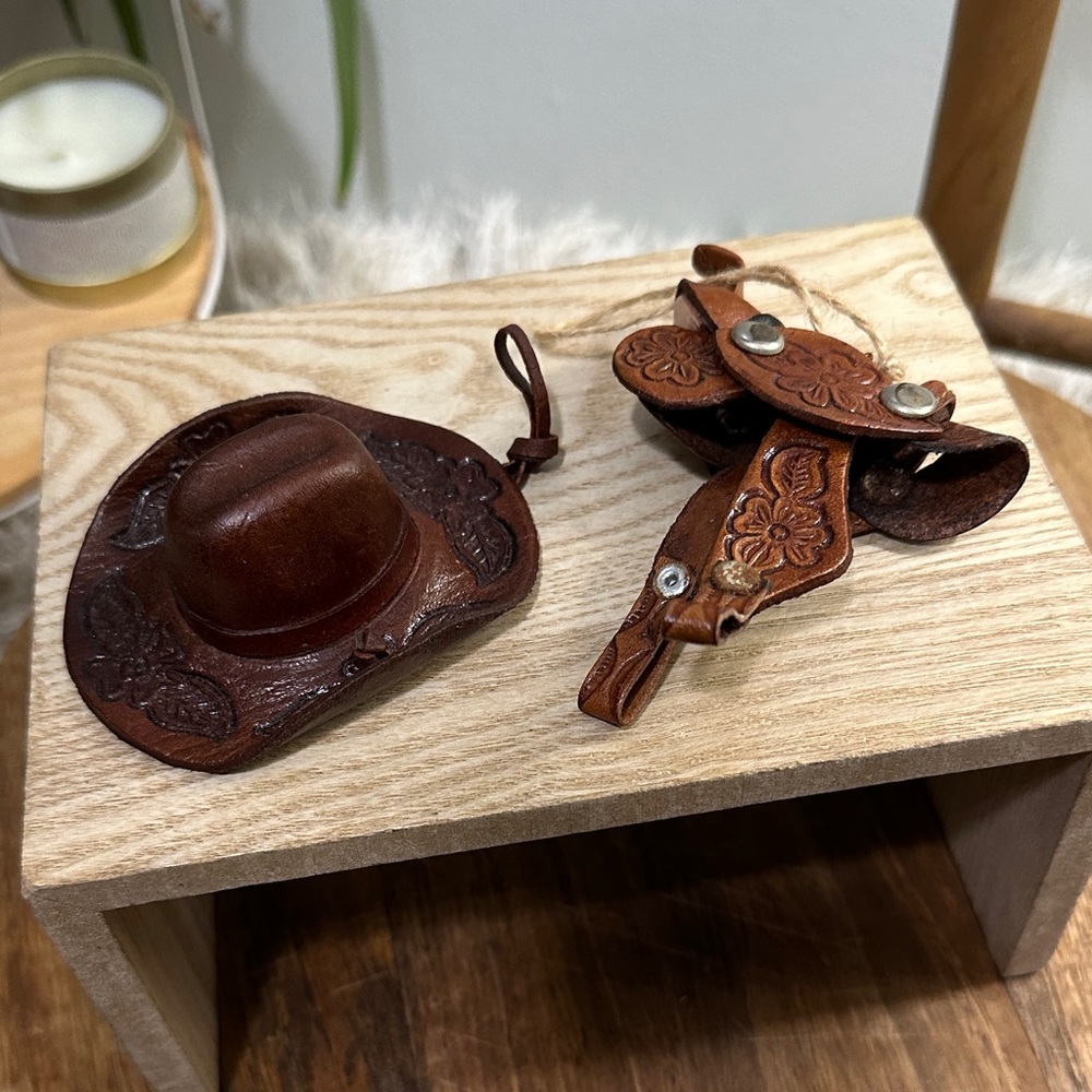 Western Brown Tooled Leather Cowboy‎ Hat & Saddle Christmas Ornaments Set Of 2